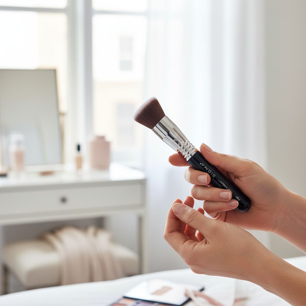 Airbrush kabuki brush with neutral tone handle for seamless makeup application — view 2