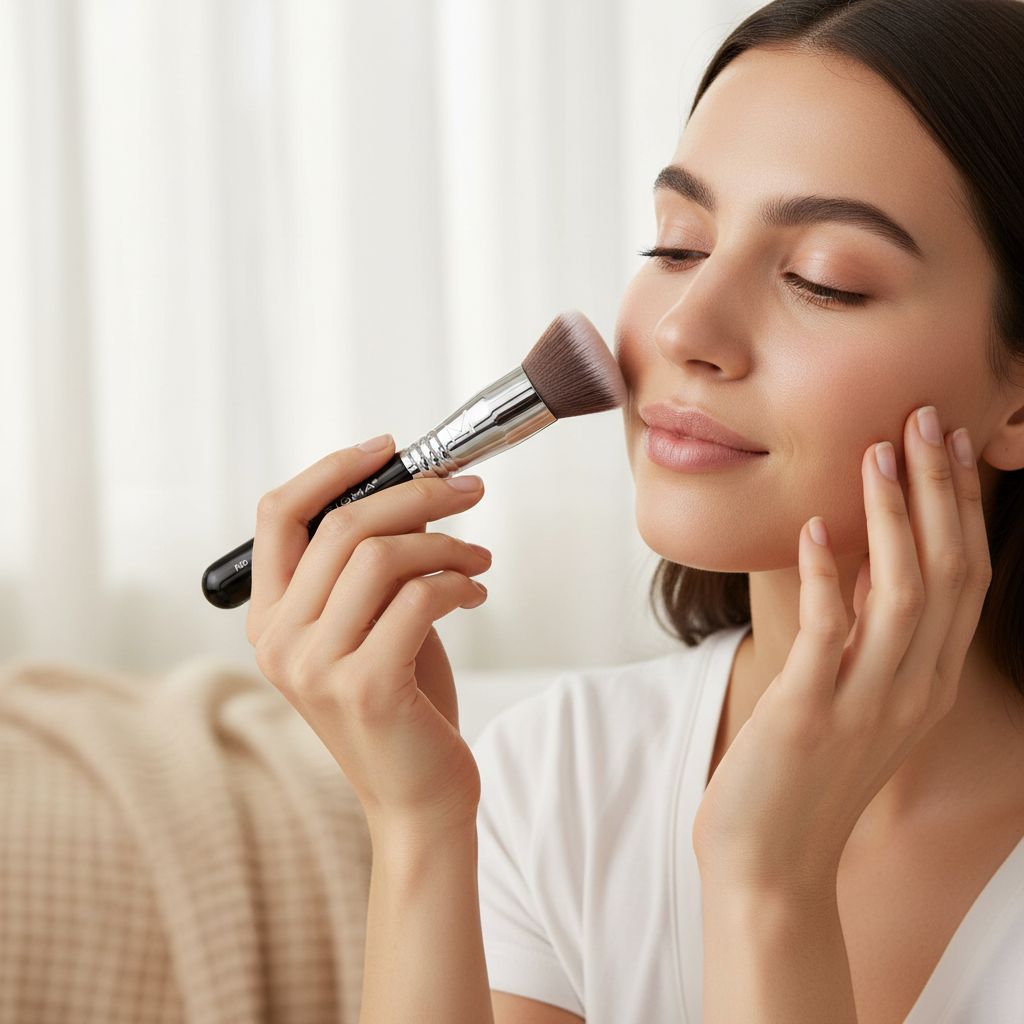 Airbrush kabuki brush with neutral tone handle for seamless makeup application — view 3a