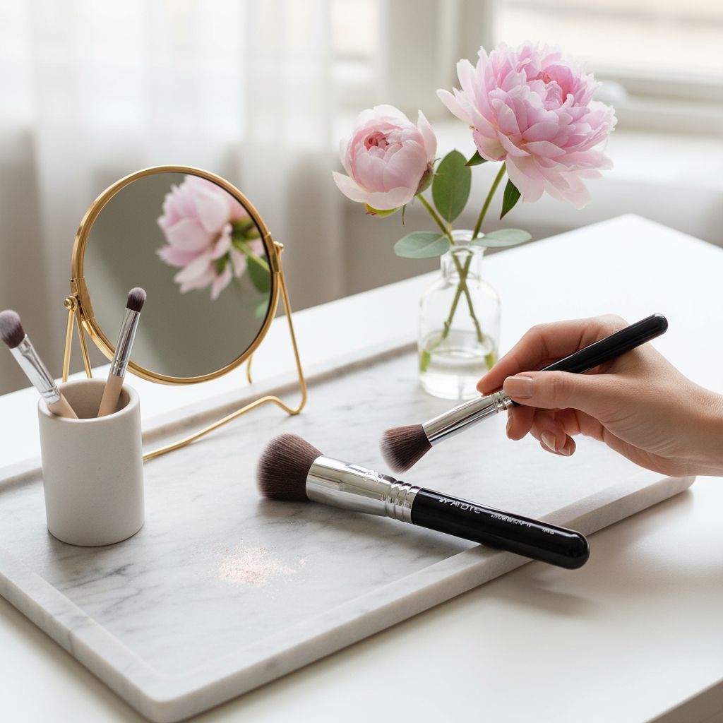 Airbrush kabuki brush with neutral tone handle for seamless makeup application — view 5a