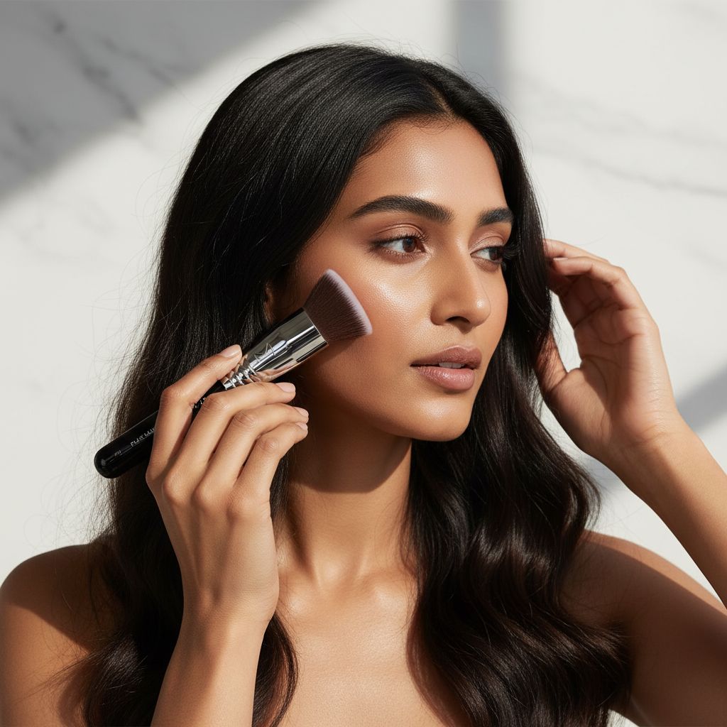 Airbrush kabuki brush with neutral tone handle for seamless makeup application — view 6