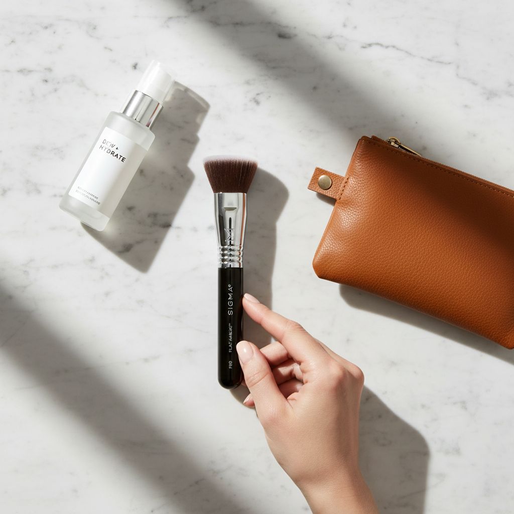 Airbrush kabuki brush with neutral tone handle for seamless makeup application — view 7a