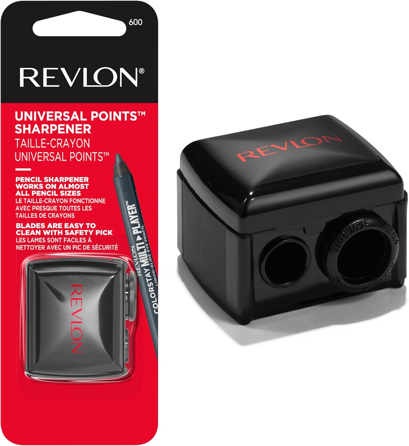 Revlon universal pencil sharpener in neutral tone, designed for wooden and plastic makeup pencils — front