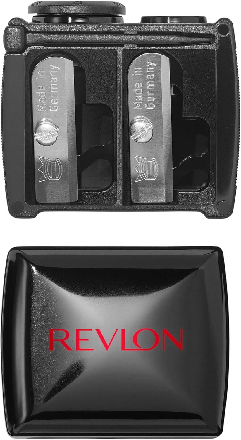 Revlon universal pencil sharpener in neutral tone, designed for wooden and plastic makeup pencils — side