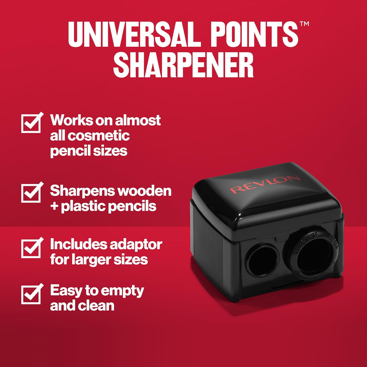 Revlon universal pencil sharpener in neutral tone, designed for wooden and plastic makeup pencils — back