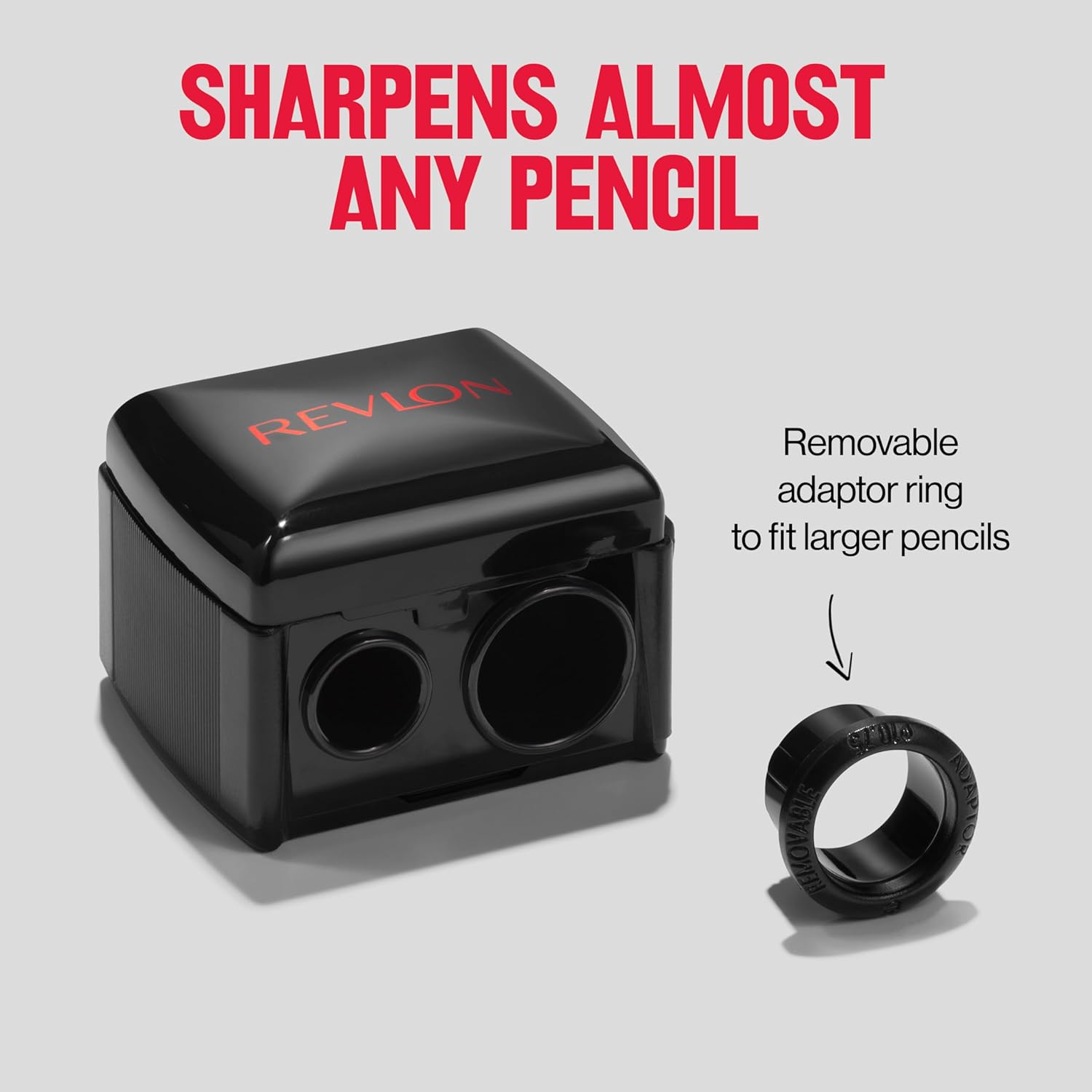 Revlon universal pencil sharpener in neutral tone, designed for wooden and plastic makeup pencils — detail