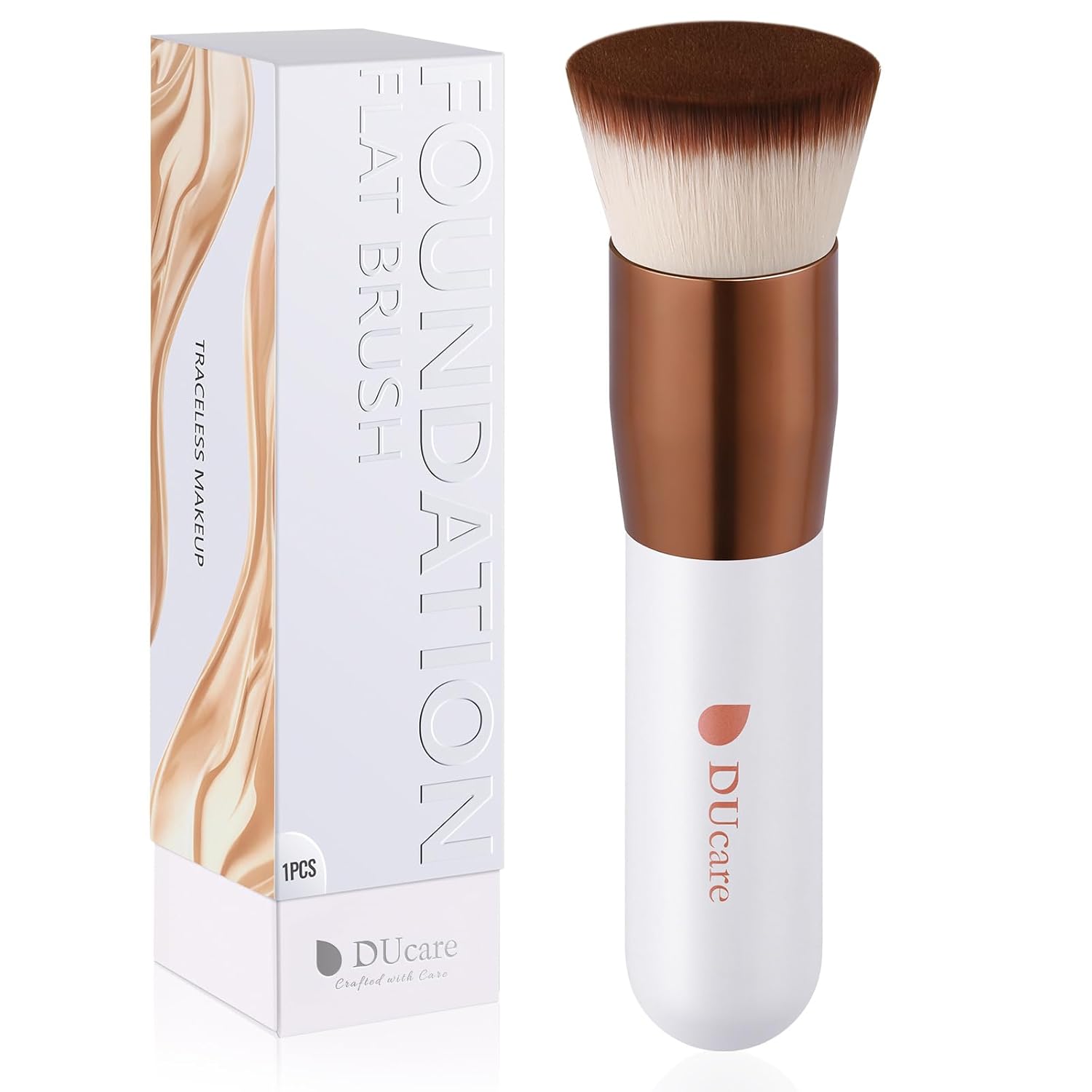 Flat-top kabuki foundation brush in rose gold and white for liquid and powder blending — view 1