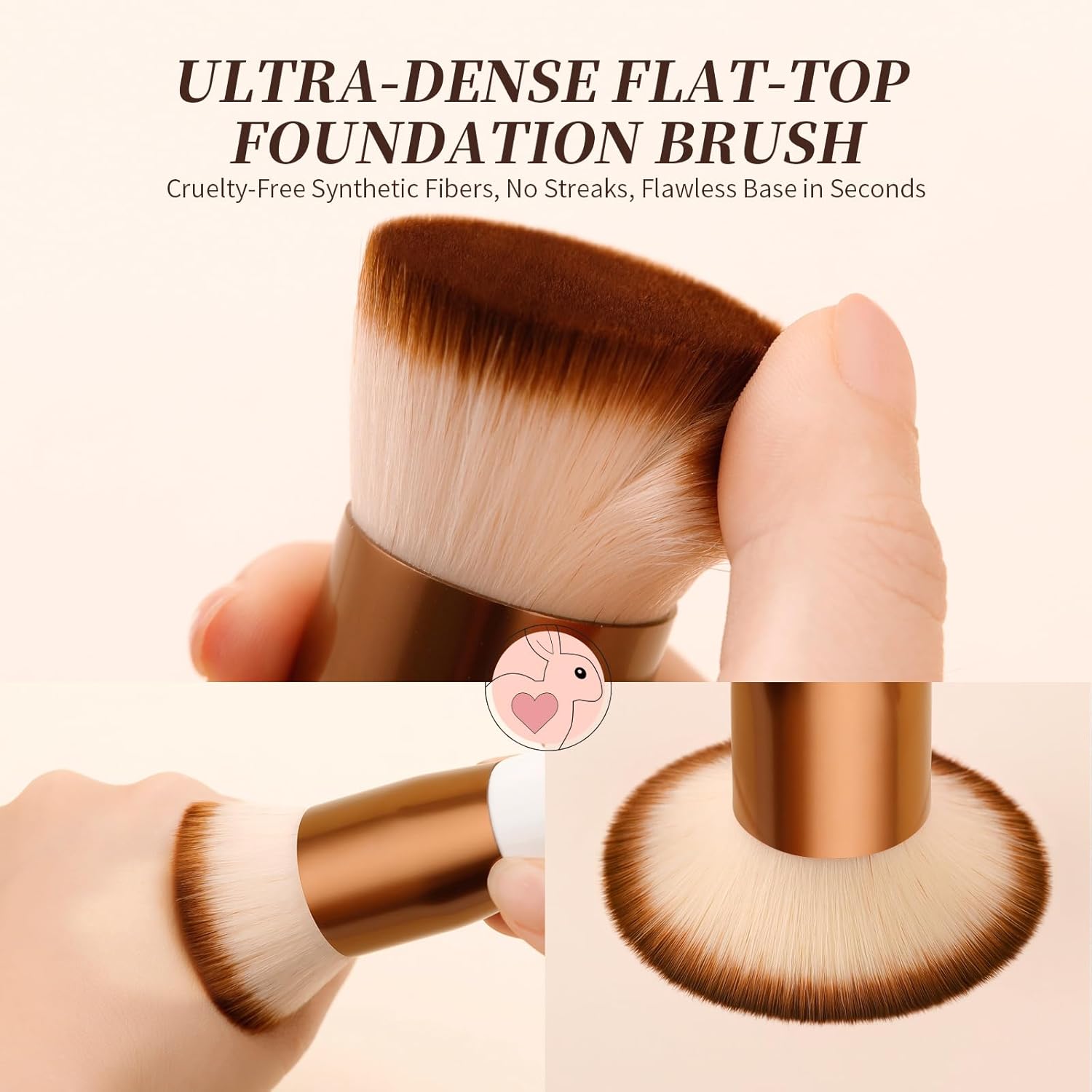 Flat-top kabuki foundation brush in rose gold and white for liquid and powder blending — view 2