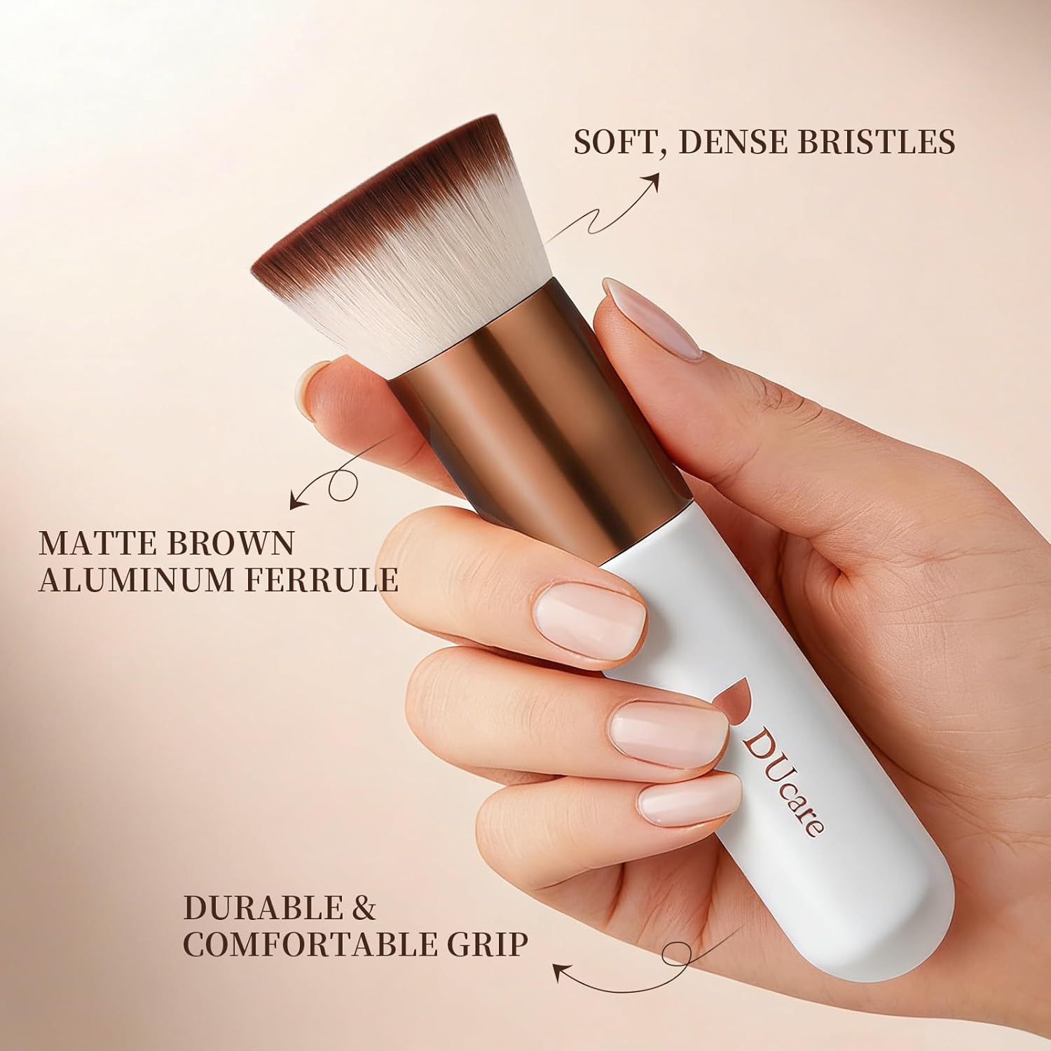 Flat-top kabuki foundation brush in rose gold and white for liquid and powder blending — view 3