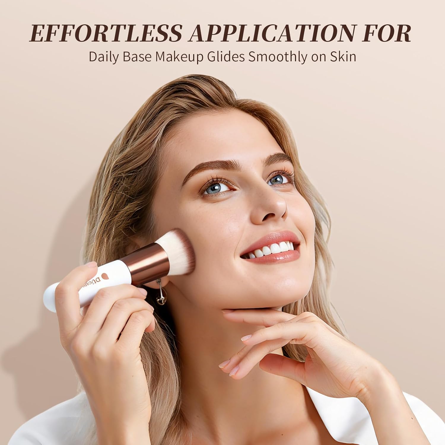 Flat-top kabuki foundation brush in rose gold and white for liquid and powder blending — view 4