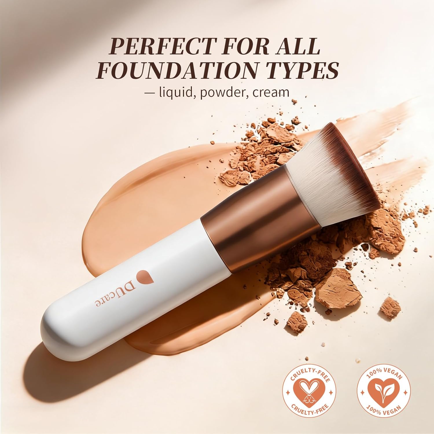 Flat-top kabuki foundation brush in rose gold and white for liquid and powder blending — view 2