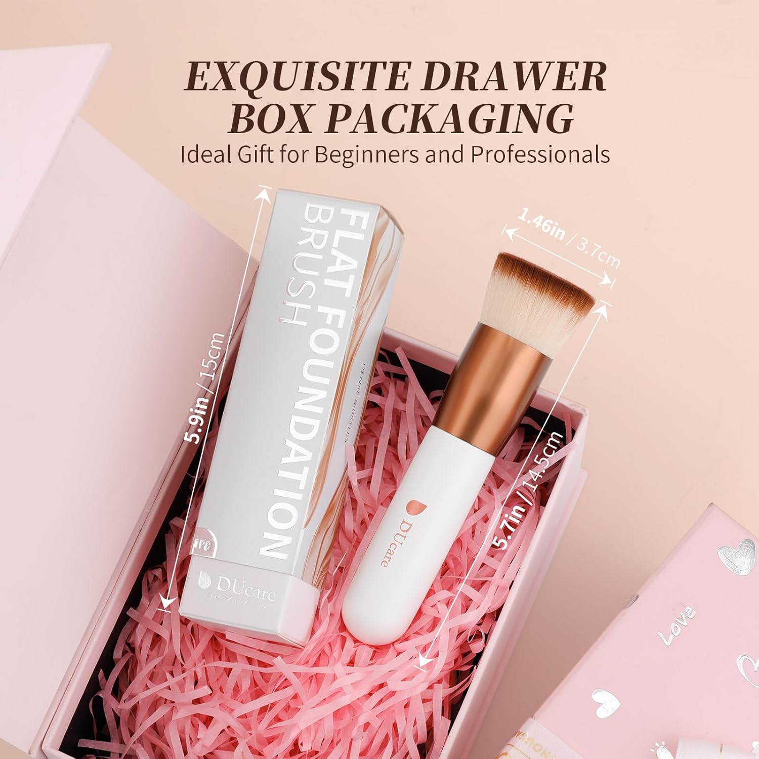 Flat-top kabuki foundation brush in rose gold and white for liquid and powder blending — view 3