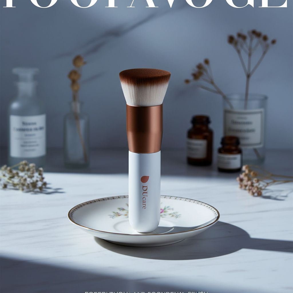 Flat-top kabuki foundation brush in rose gold and white for liquid and powder blending — view 1