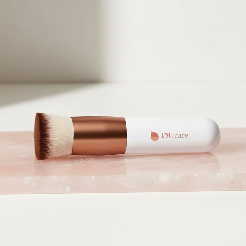 Flat-top kabuki foundation brush in rose gold and white for liquid and powder blending — view 2