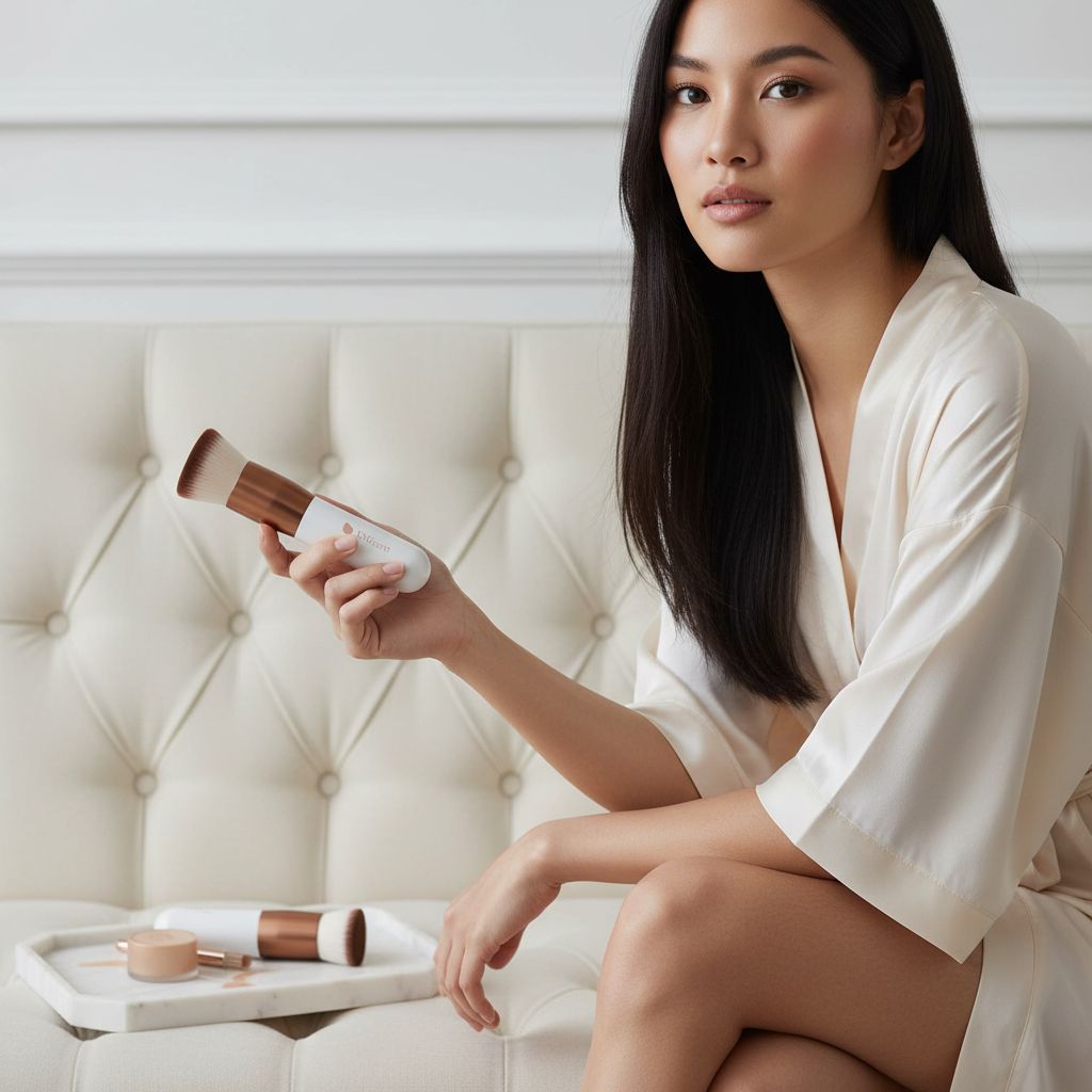 Flat-top kabuki foundation brush in rose gold and white for liquid and powder blending — view 3a