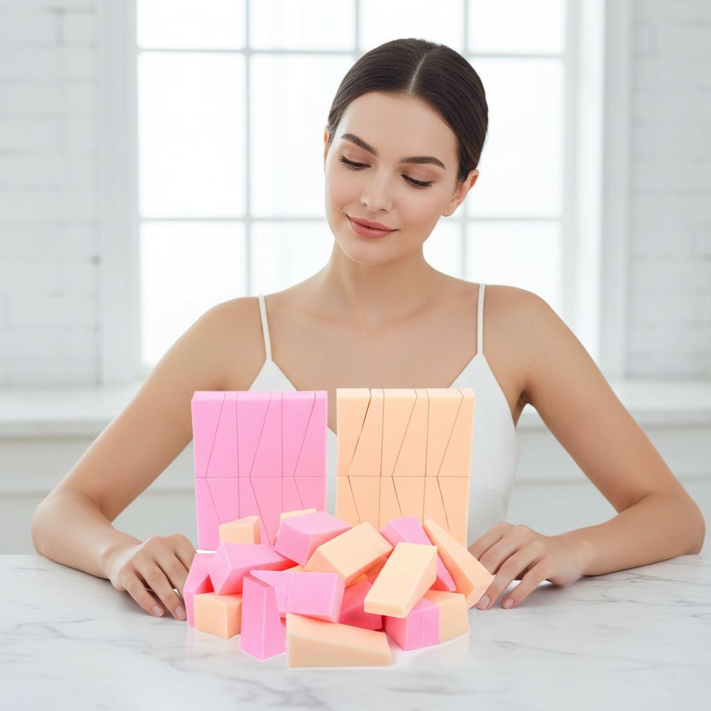 latex-free wedge-shaped makeup sponge applicator for foundation in neutral tone — view 2