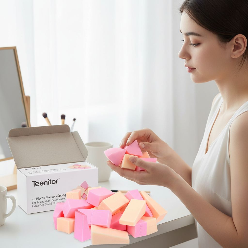 latex-free wedge-shaped makeup sponge applicator for foundation in neutral tone — view 3a