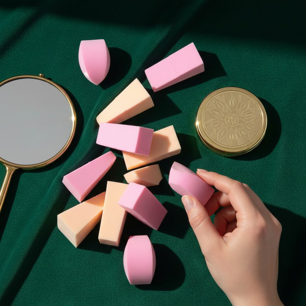 latex-free wedge-shaped makeup sponge applicator for foundation in neutral tone — view 7a