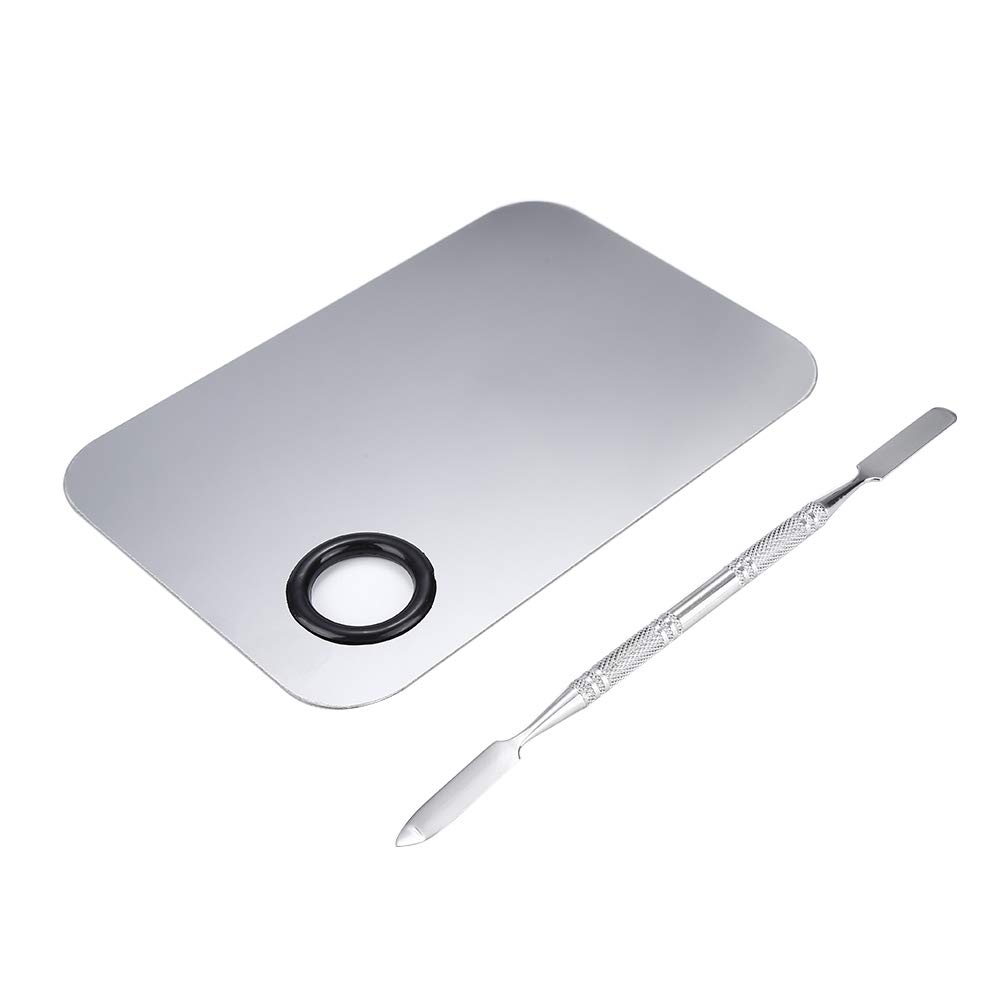 Stainless steel makeup mixing palette with spatula in chrome finish, shown with color swatches — view 2