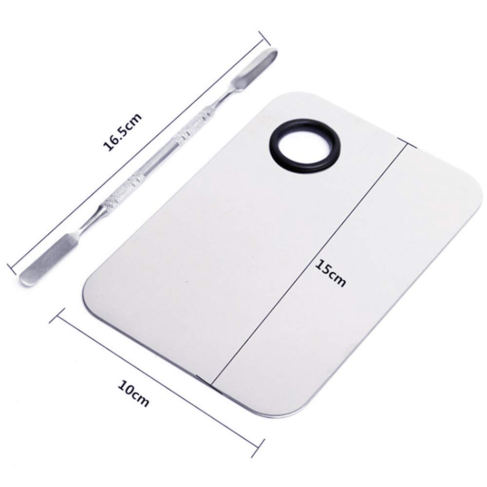 Stainless steel makeup mixing palette with spatula in chrome finish, shown with color swatches — view 4