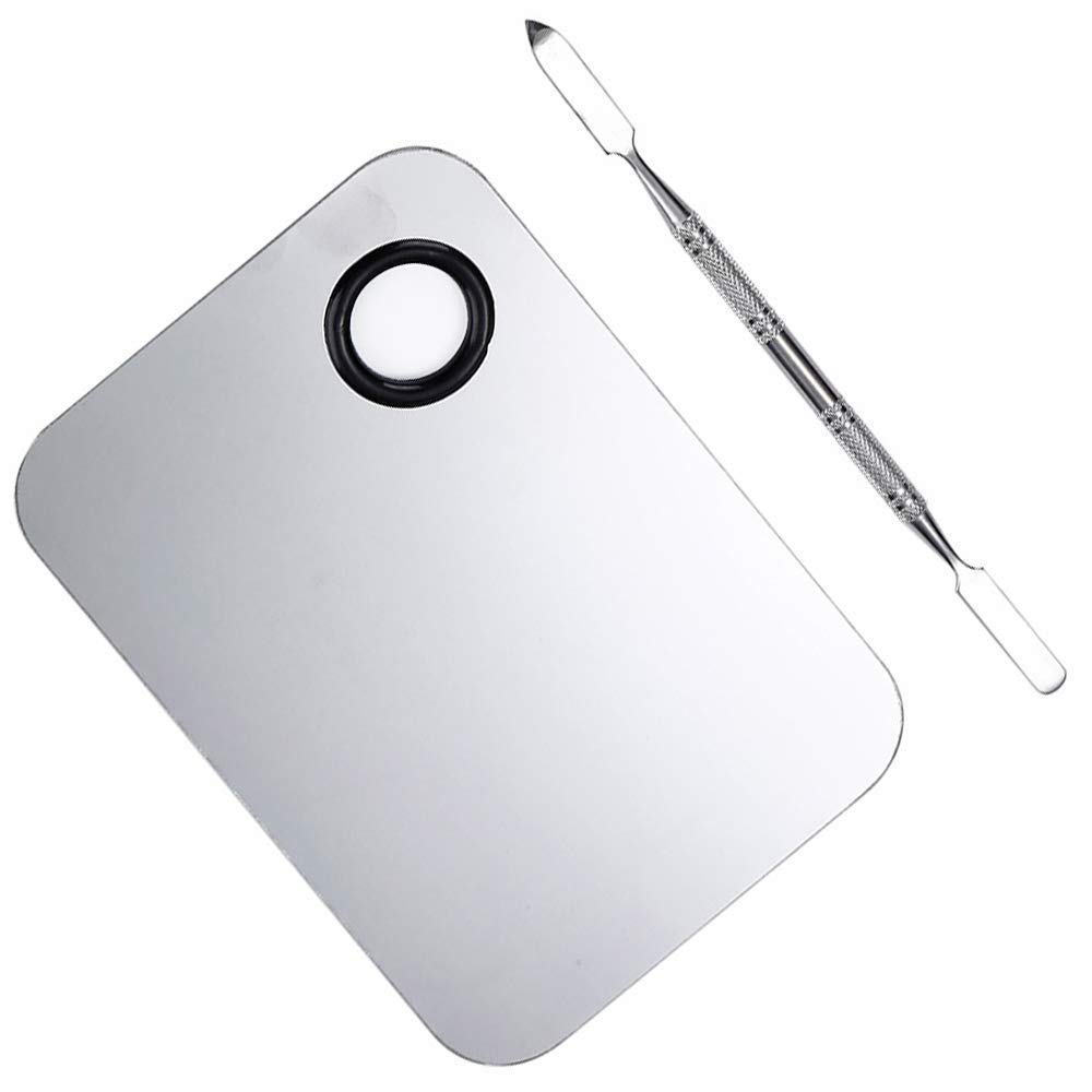 Stainless steel makeup mixing palette with spatula in chrome finish, shown with color swatches — view 2