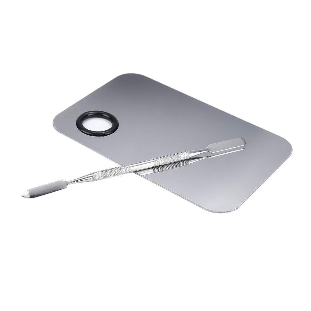 Stainless steel makeup mixing palette with spatula in chrome finish, shown with color swatches — view 3