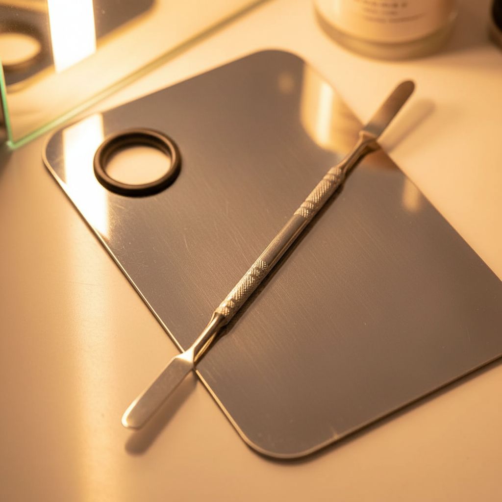 Stainless steel makeup mixing palette with spatula in chrome finish, shown with color swatches — view 4