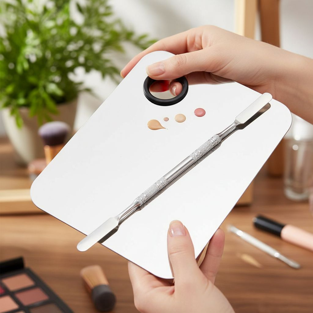 Stainless steel makeup mixing palette with spatula in chrome finish, shown with color swatches — view 3a