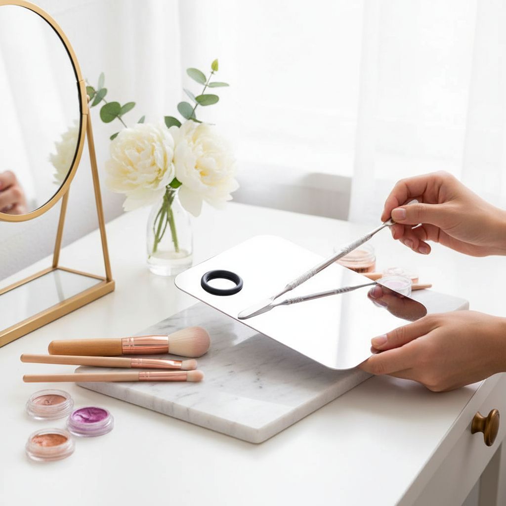 Stainless steel makeup mixing palette with spatula in chrome finish, shown with color swatches — view 5a