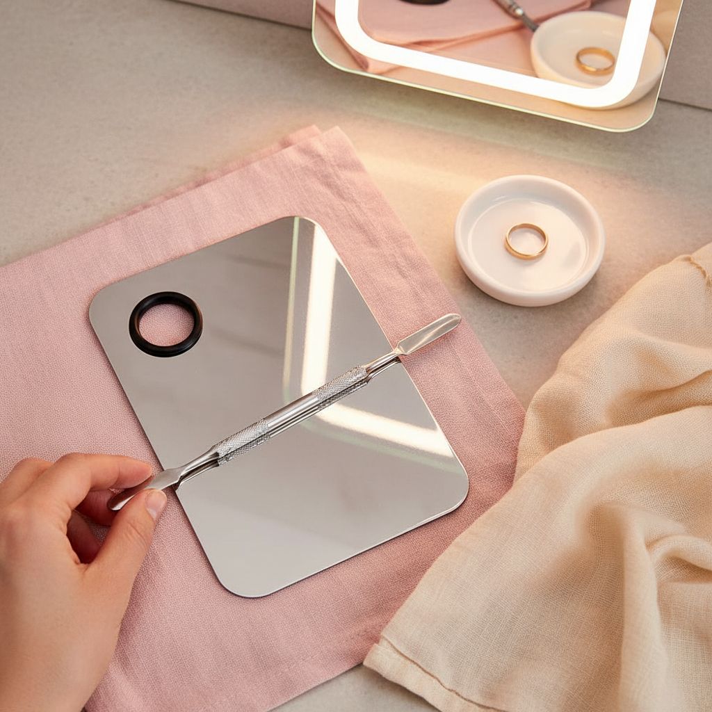 Stainless steel makeup mixing palette with spatula in chrome finish, shown with color swatches — view 7a
