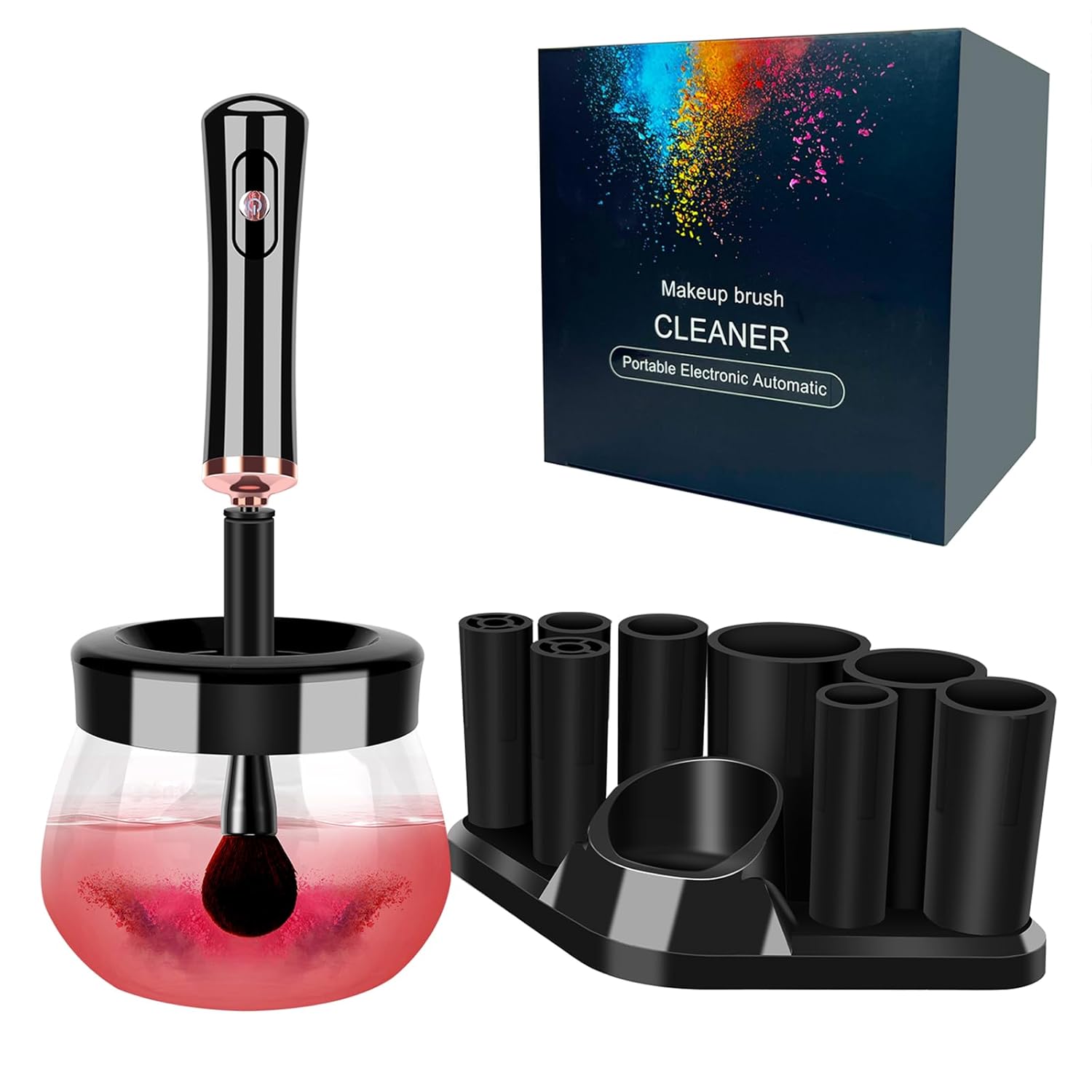 Electric makeup brush cleaner dryer machine in neutral finish, shown cleaning and drying brushes automatically — view 1