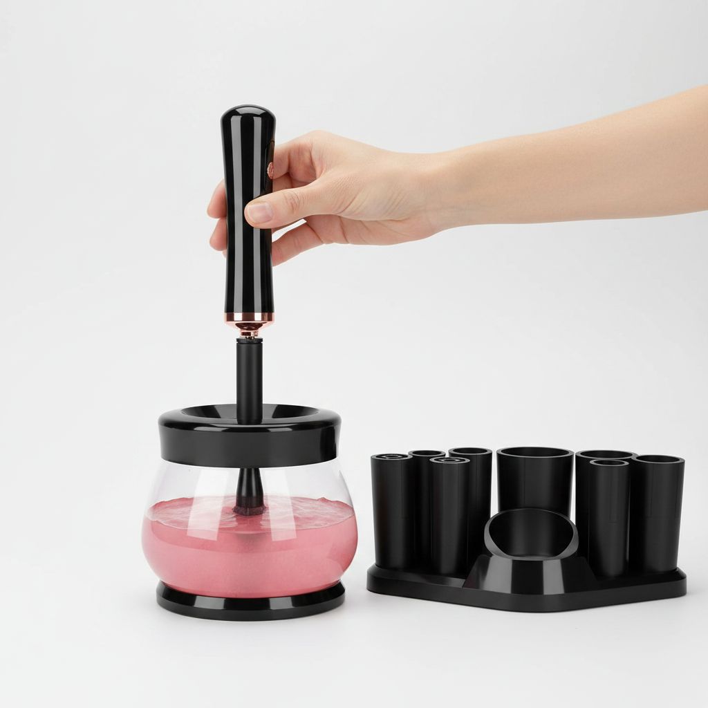 Electric makeup brush cleaner dryer machine in neutral finish, shown cleaning and drying brushes automatically — view 3