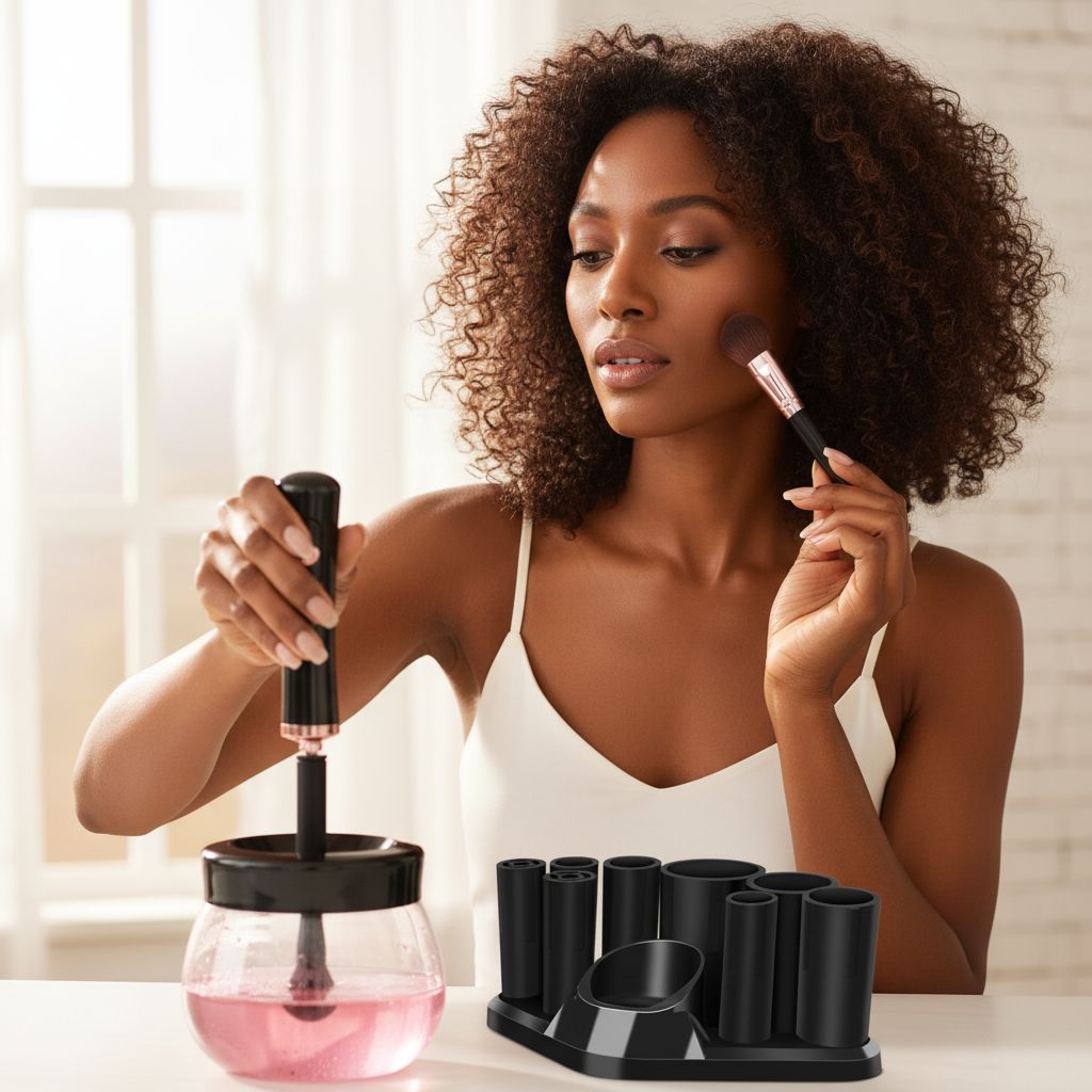 Electric makeup brush cleaner dryer machine in neutral finish, shown cleaning and drying brushes automatically — view 3a
