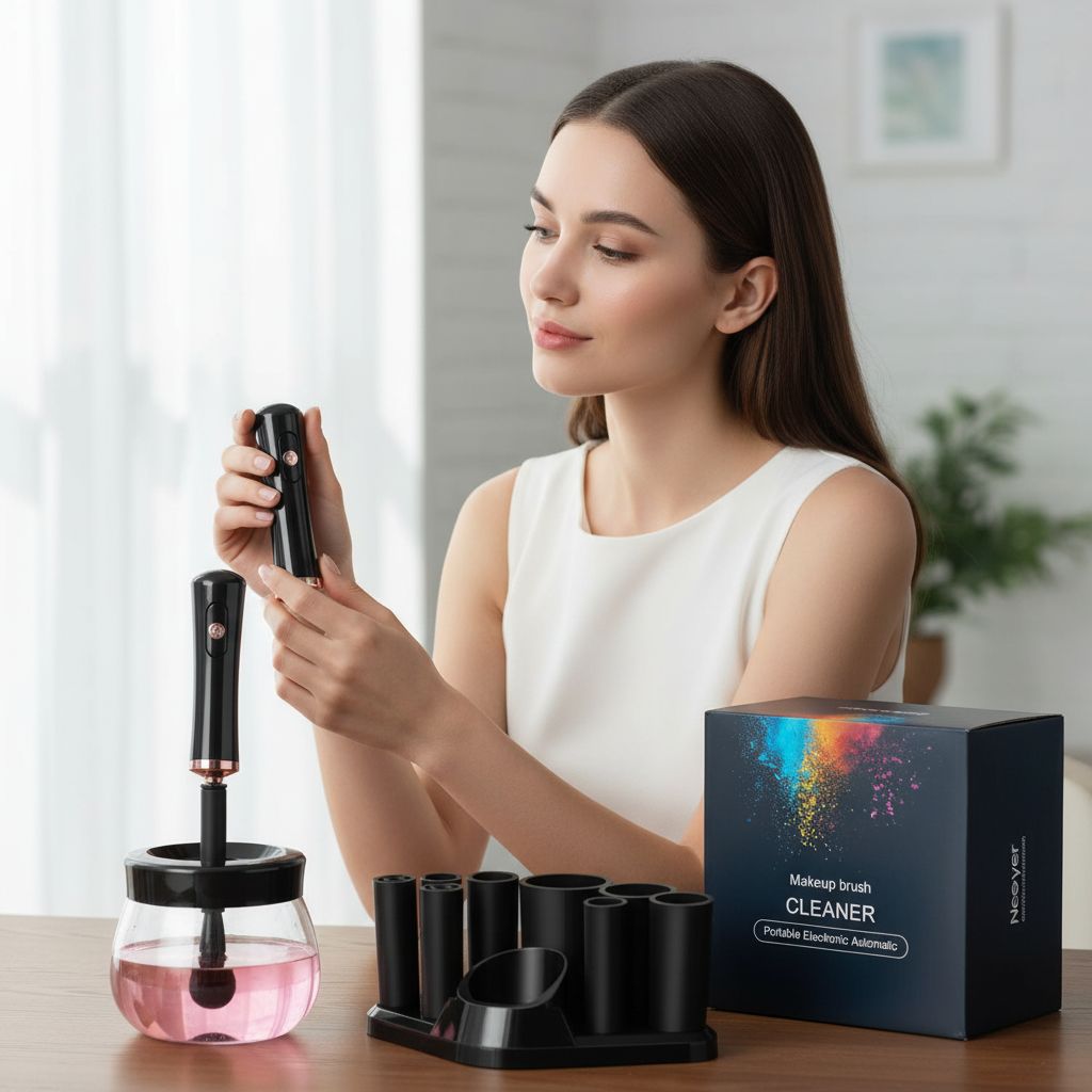 Electric makeup brush cleaner dryer machine in neutral finish, shown cleaning and drying brushes automatically — view 6