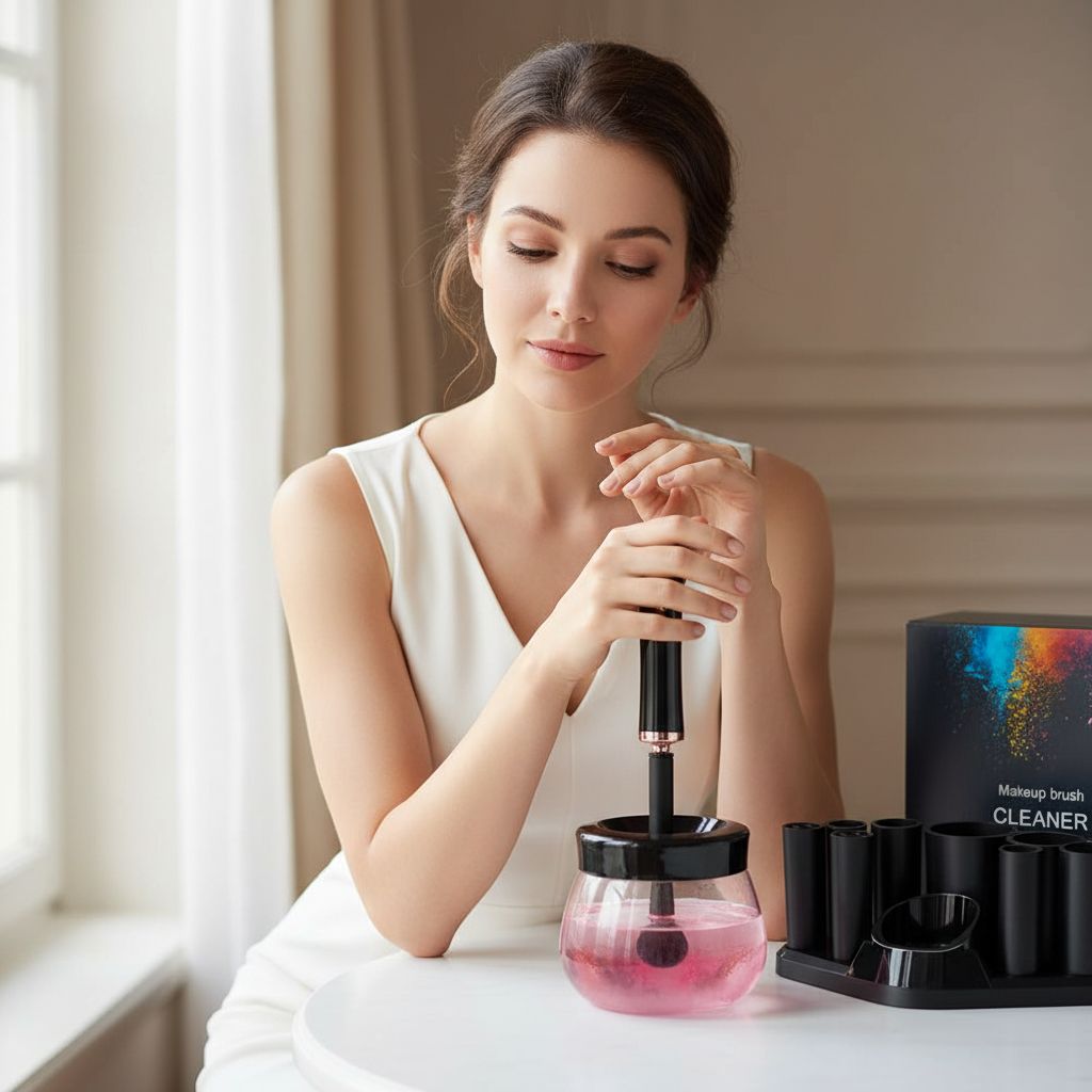 Electric makeup brush cleaner dryer machine in neutral finish, shown cleaning and drying brushes automatically — view 7a