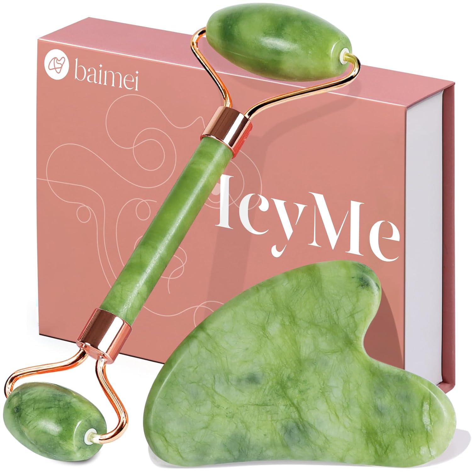 Green cooling jade gua sha and roller set for facial depuffing and jawline sculpting — view 1