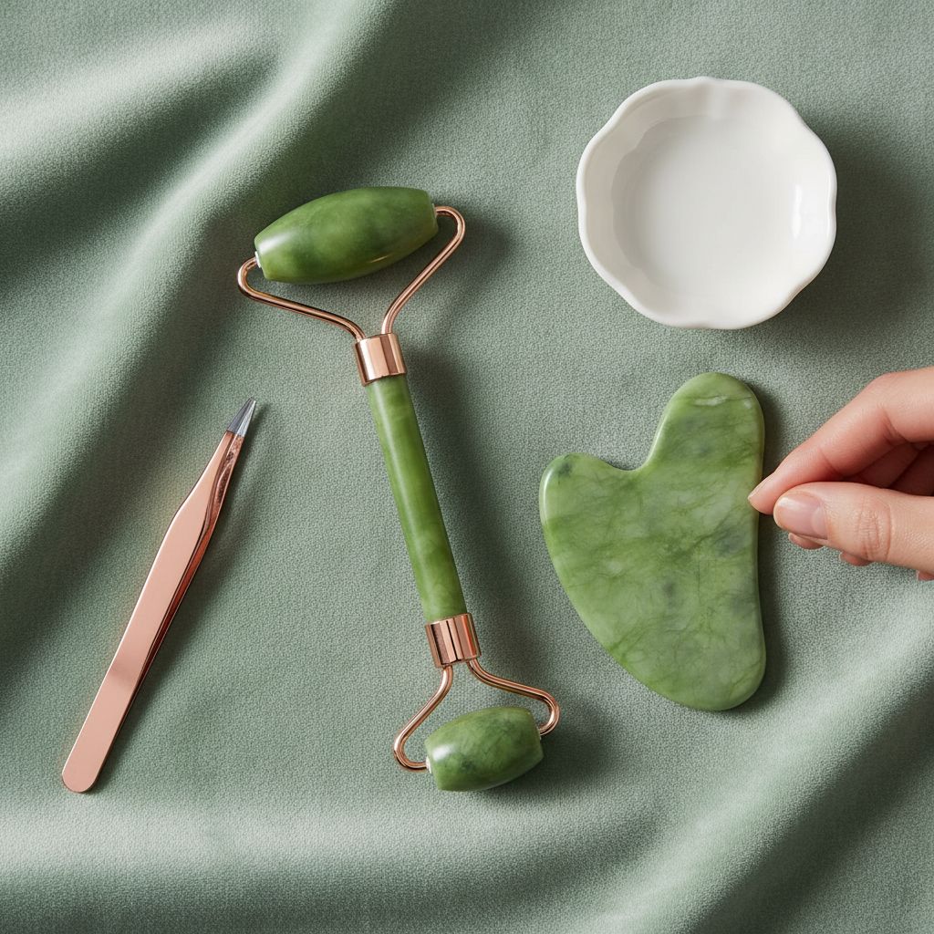 Green cooling jade gua sha and roller set for facial depuffing and jawline sculpting — view 7a