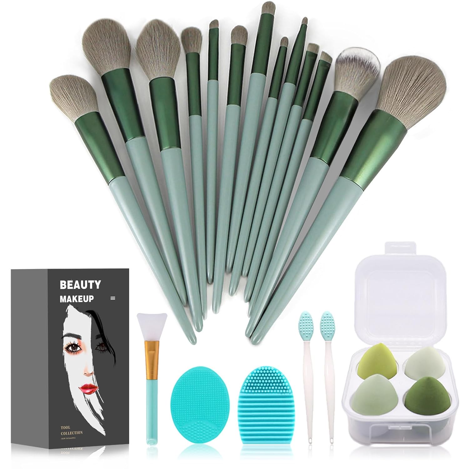 Minimalist green 22-piece makeup brush set with multi-purpose bristles displayed in bundle — view 1