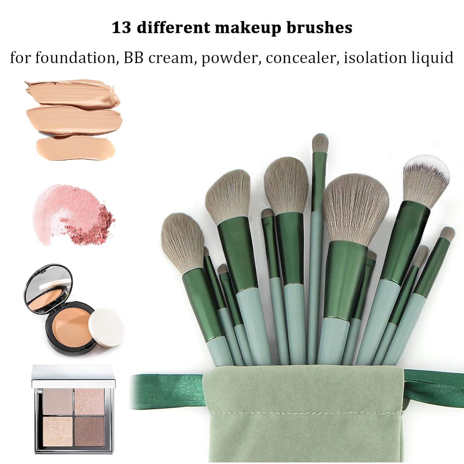 Minimalist green 22-piece makeup brush set with multi-purpose bristles displayed in bundle — view 3