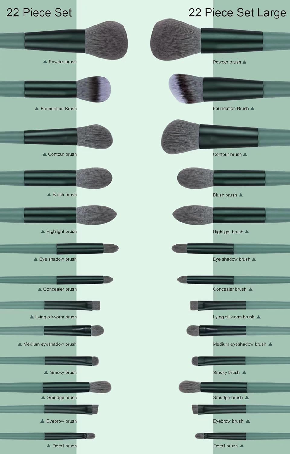 Minimalist green 22-piece makeup brush set with multi-purpose bristles displayed in bundle — view 4