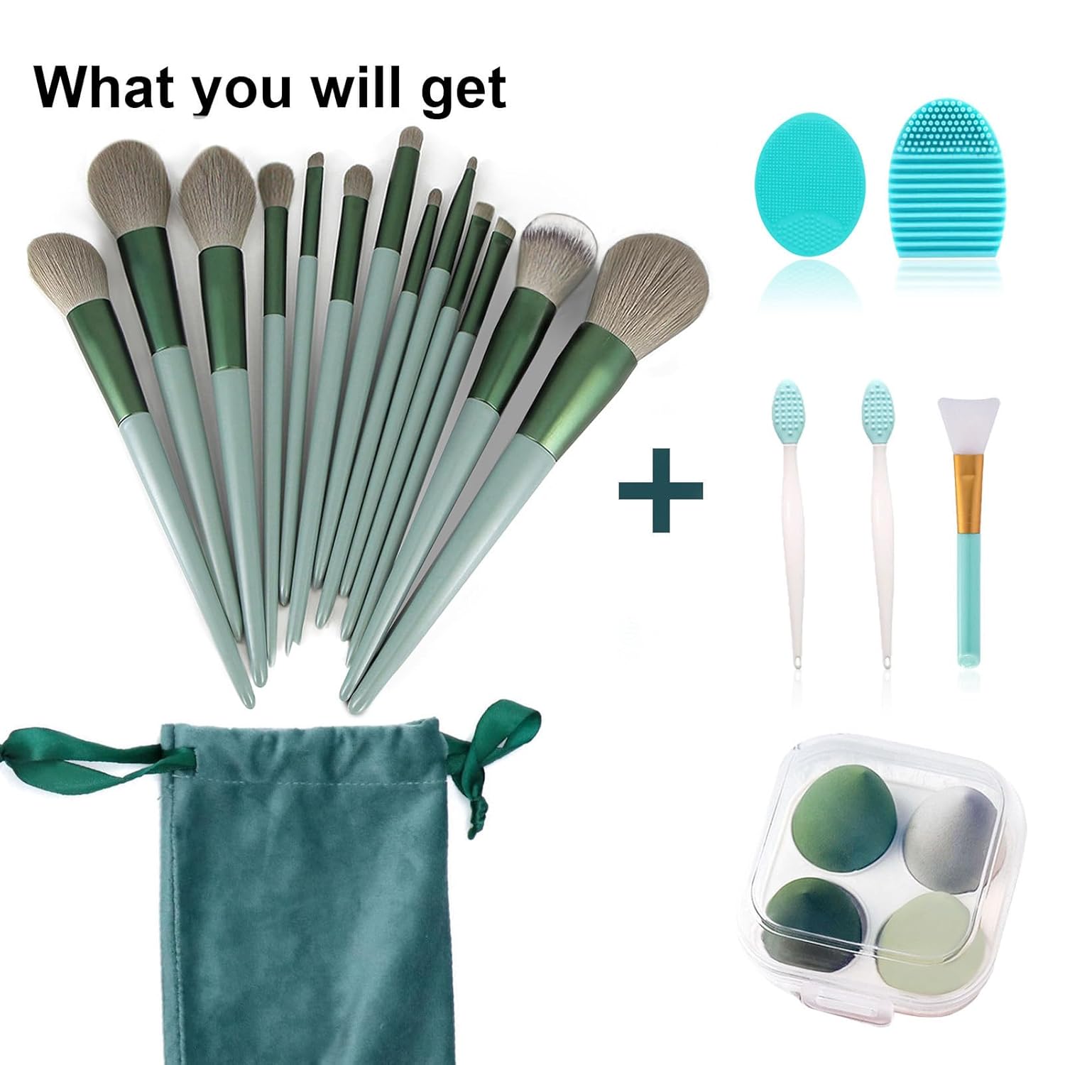 Minimalist green 22-piece makeup brush set with multi-purpose bristles displayed in bundle — view 4