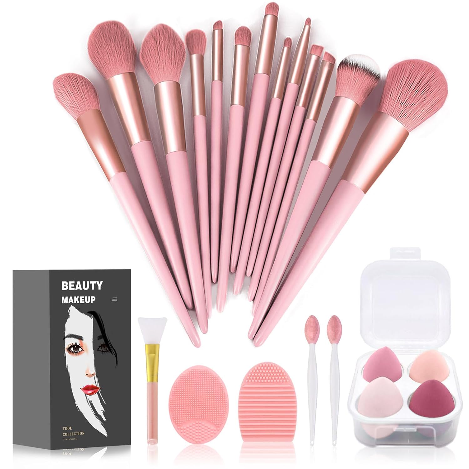 Minimalist green 22-piece makeup brush set with multi-purpose bristles displayed in bundle — view 5