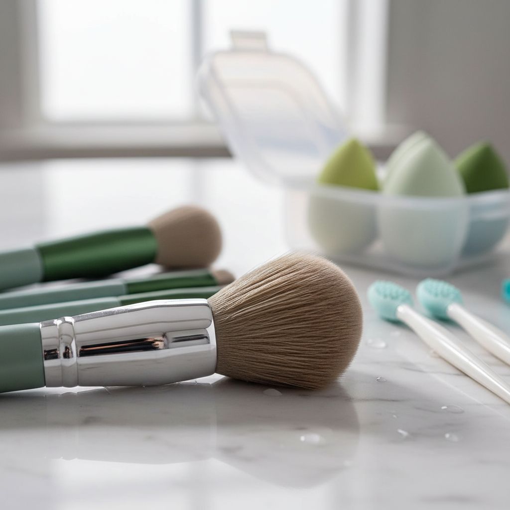 Minimalist green 22-piece makeup brush set with multi-purpose bristles displayed in bundle — view 4