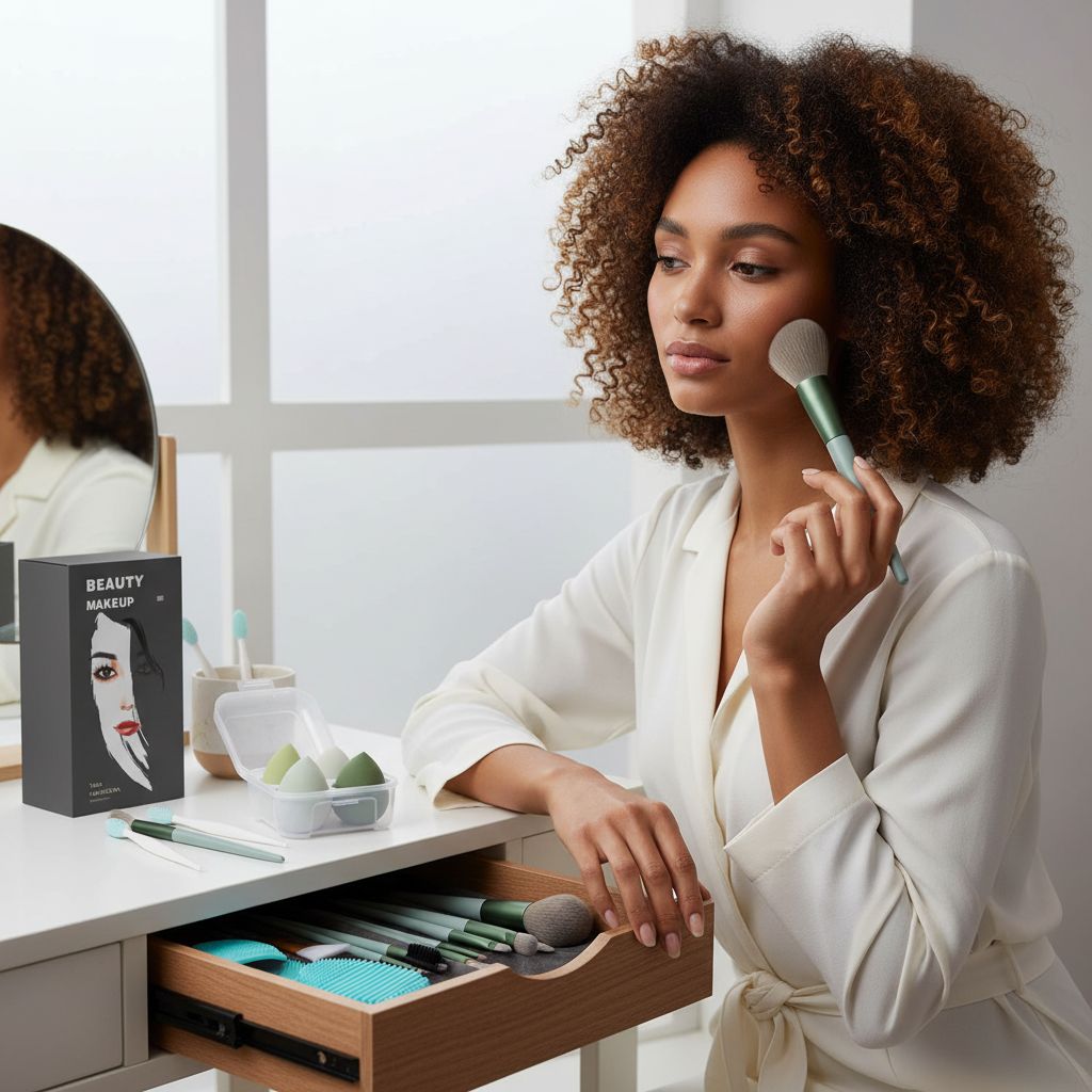 Minimalist green 22-piece makeup brush set with multi-purpose bristles displayed in bundle — view 4