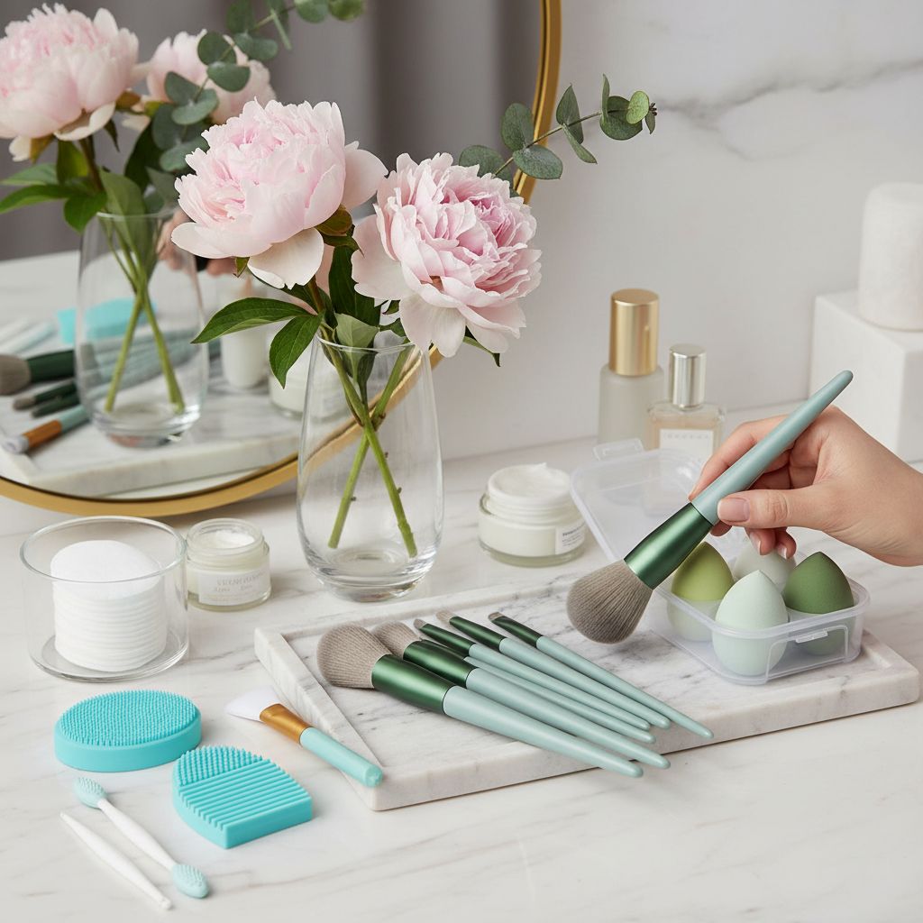 Minimalist green 22-piece makeup brush set with multi-purpose bristles displayed in bundle — view 5a