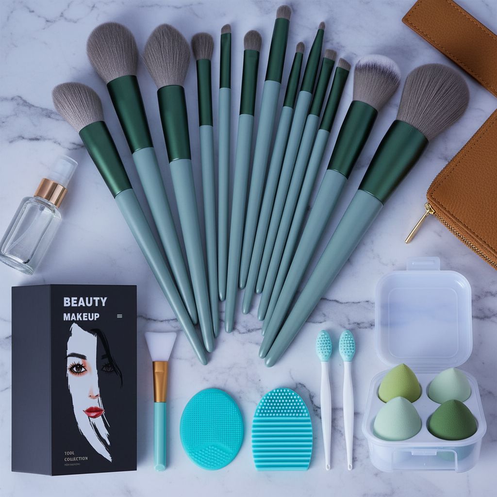 Minimalist green 22-piece makeup brush set with multi-purpose bristles displayed in bundle — view 7a
