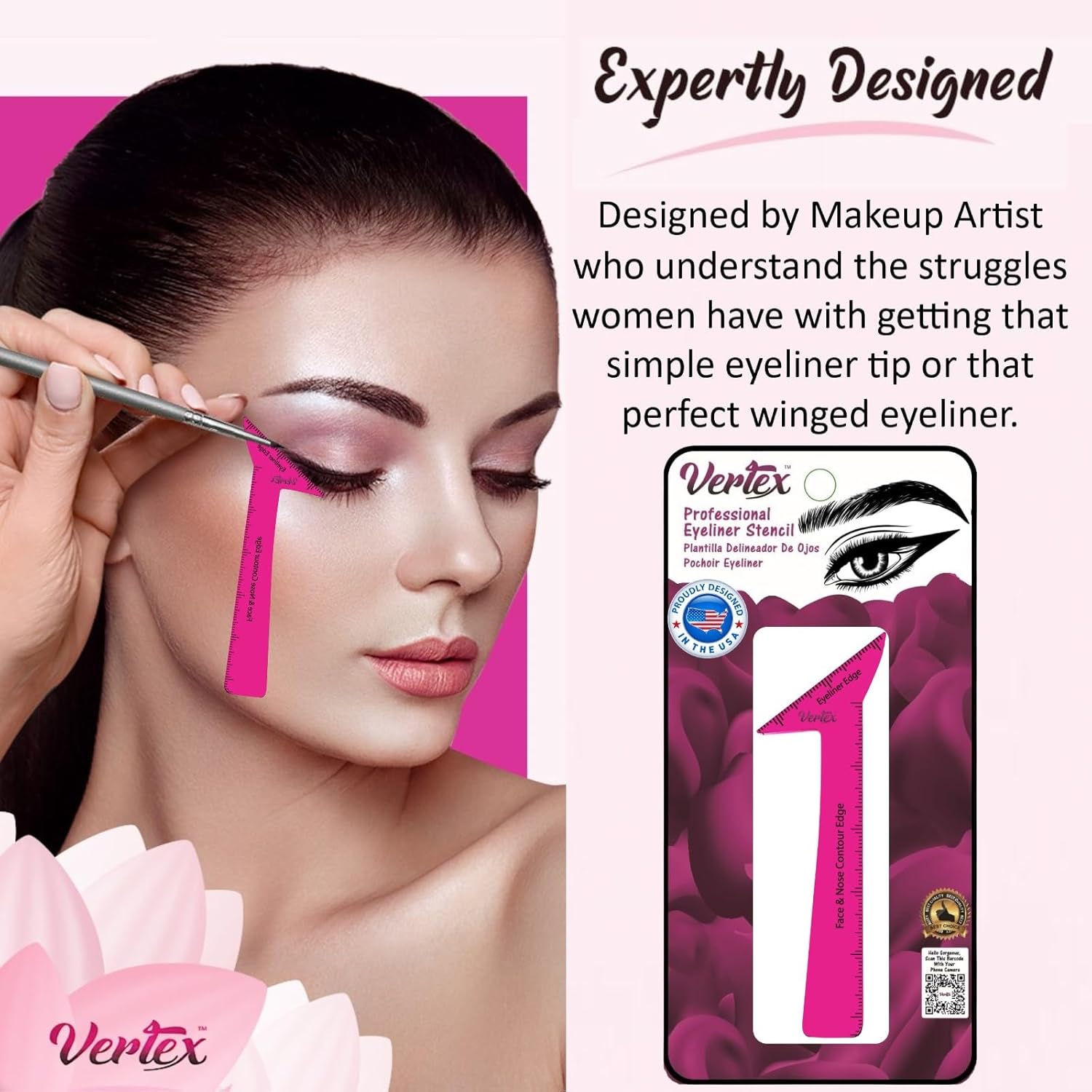 Black waterproof eyeliner stamp applicator with angled wing tip stencil guide and brush set for precise makeup application — view 2