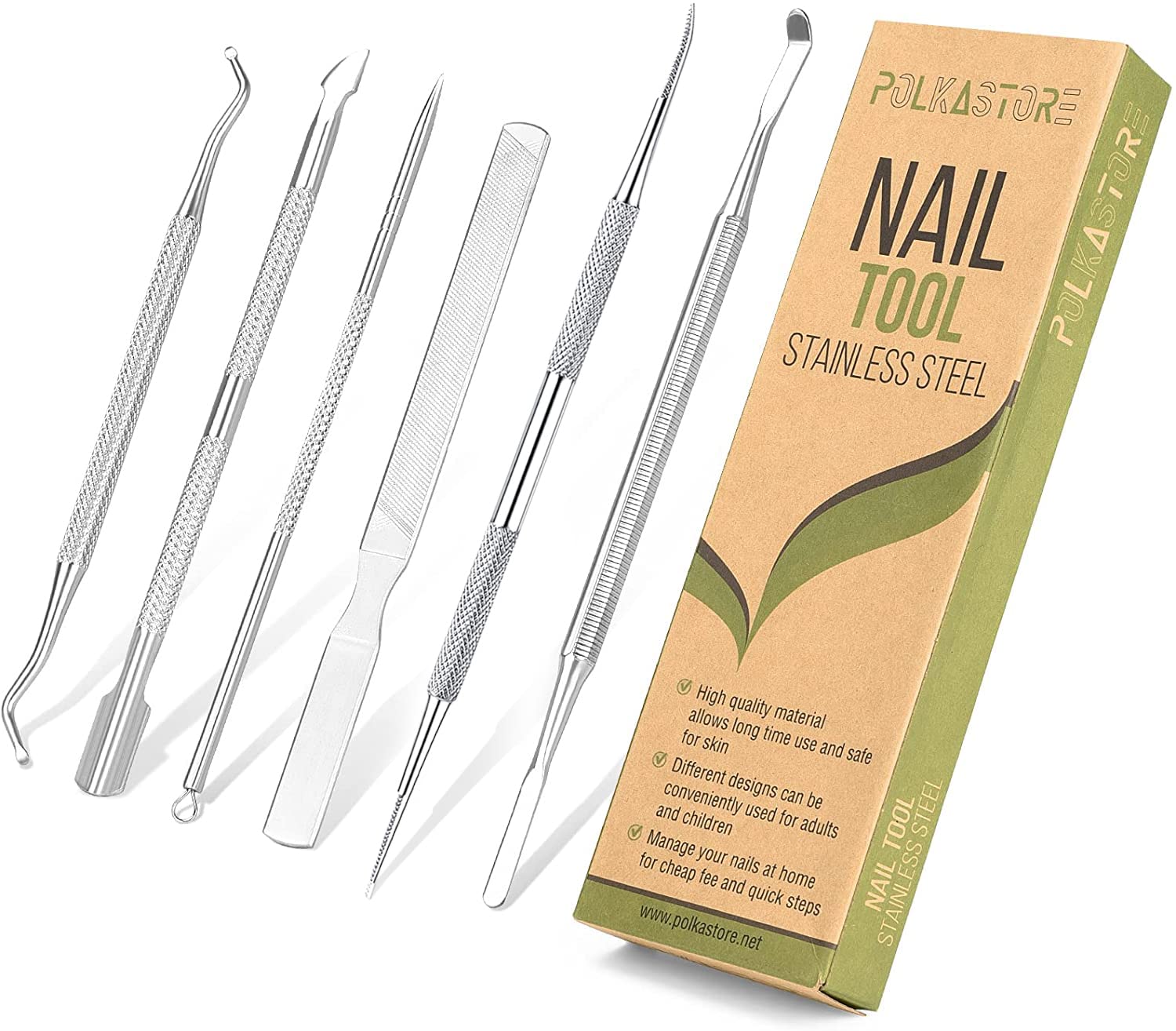 Professional surgical stainless steel ingrown toenail file and lifter tool from 6-piece kit, shown in neutral metallic finish — view 1