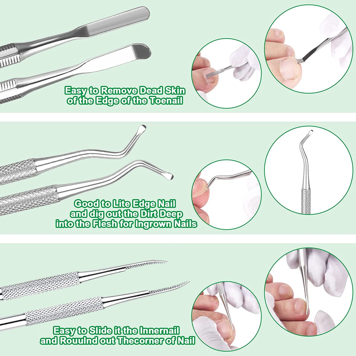 Professional surgical stainless steel ingrown toenail file and lifter tool from 6-piece kit, shown in neutral metallic finish — view 4