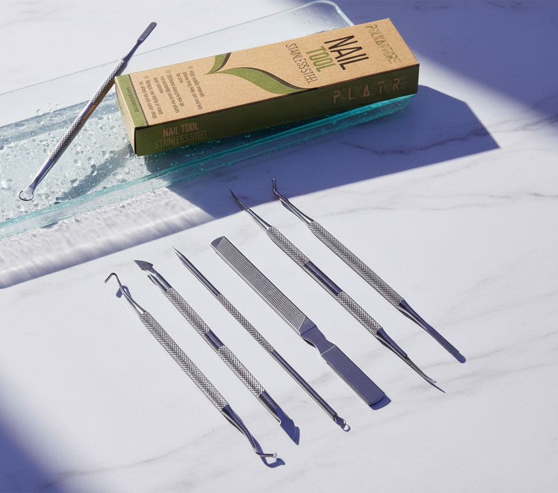 Professional surgical stainless steel ingrown toenail file and lifter tool from 6-piece kit, shown in neutral metallic finish — view 1
