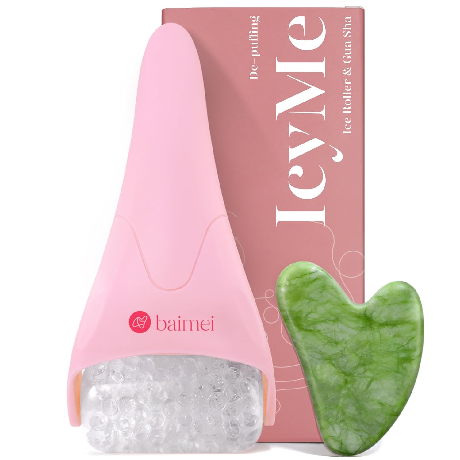 Rose pink ice roller and gua sha facial tool set for cooling therapy and puffiness reduction — view 1